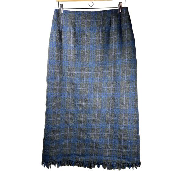 HARVE BENARD SPORT Plaid Wool Midi Skirt Grey Blue Size 12 Classic Equestrian - Picture 1 of 11